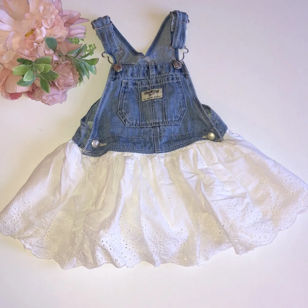 Osh Kosh Girl Bib Overalls Denim Dress Jumper White Eyelet Lace skirt 24M